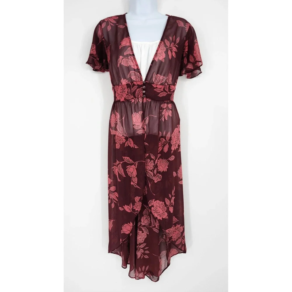 Burgundy Earthy Floral Romantic Womens Kimono Duster Size L Ethereal Whimsigoth